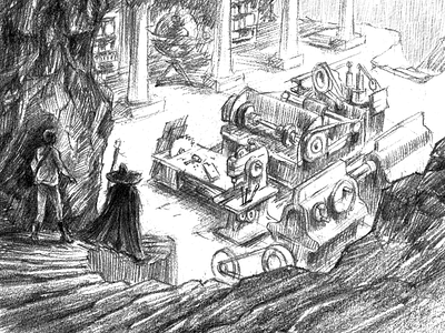 Methuselah's Laboratory black and white book bw cave cavern drawing illustration machinery pencil science fiction steampunk