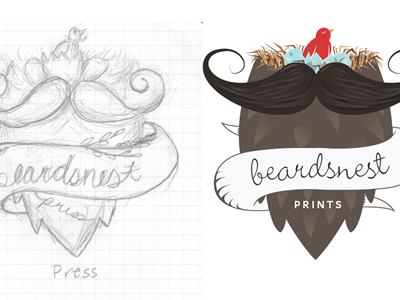 Beardsnest Prints banner beard bird birdnes birdsnest branding cursive hay logo mustache nest print screenprinting straw