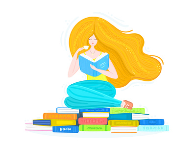 Reading adobe illustrator books character cute design girl illustration library reading relax vector woman