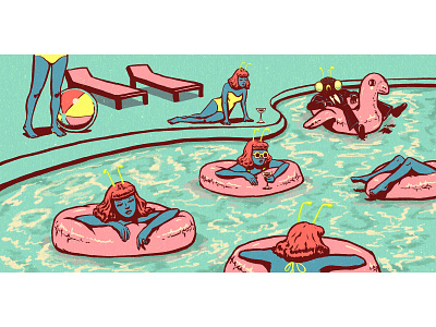 Plenty of girls in the sea alien bug illustration pool party