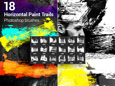 18 Horizontal Paint Trails Photoshop Brushes addon brushes grunge ink paint photoshop psd splash splatter spray tool watercolor