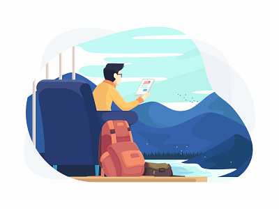The Traveller Boy backpack booking flat hotel illustration lake landscape people travel traveller