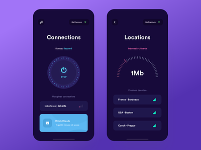VPN Mobile App app clean colors dark design digital gradient ios iphone minimal mobile purple sketch ui ui design uiux user interface ux vpn vpn app