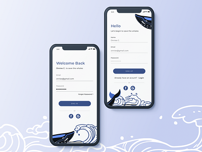 Daily UI Challenge #001 ▹ Sign Up for Save The Whales Campaign app app design blue campaign design illustration login mobile ui register sign in sign up ui whale