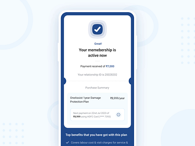 Success Page card membership oneassist payment payment completion payment done payment success plan plan purchase purchase success ui user research ux