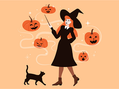 Happy halloween adobe illustrator cat drawing character design girl illustration halloween illustration jack o lantern pumpkin vector vectorart witch woman illustration
