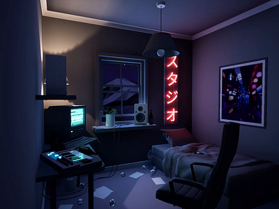ｓｔｕｄｉｏ ｂｌｕｅｓ ＶＲ スタジオ 3d 80s 90s aesthetic bedroom cinema4d concept design futuristic lowpoly neon retrowave synthwave ue4 unrealengine vapourwave