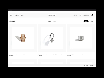 KOMINSKY animation design earnings ecommerce fashion filter jewelry minimal motion graphics product rings shop ui ux webdesign women