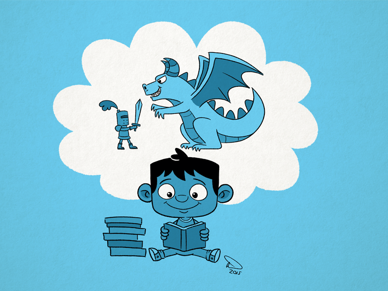 World Book Day blue books boy cartoon cute dragon illustration knight photoshop reading world book day