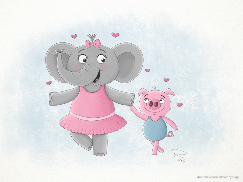 Dancing in love. ballet cartoon childrens book colour collective cute dancing elephant ipad pro photoshop pig pink procreate