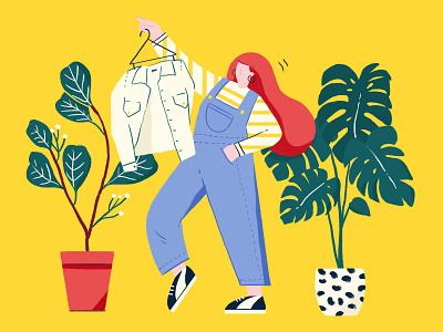 cool second hand stuff! character design clothes cool fashion fleamarket garden girl girl character jacket marker market outline photoshop plant plants procreate second hand simple stuff woman
