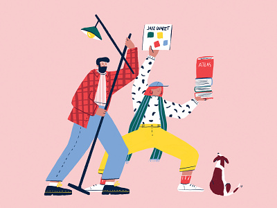 Flea squad! books character design clothes cool dog flea market illustration jazz lamp men mid century procreate second hand vinyl women women in illustration