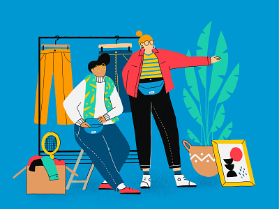 Look! What a bargain! bargain character design clothes cool find flat flea flea market girl happy illustration market outline plant second hand stuff sunday