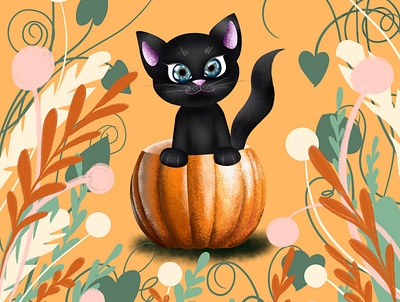 black kitten in a pumpkin black kitte design illustration illustration art illustrations illustrator poster print pumpkin ui иллюстратор