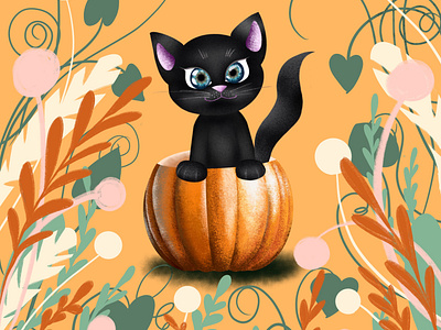 black kitten in a pumpkin