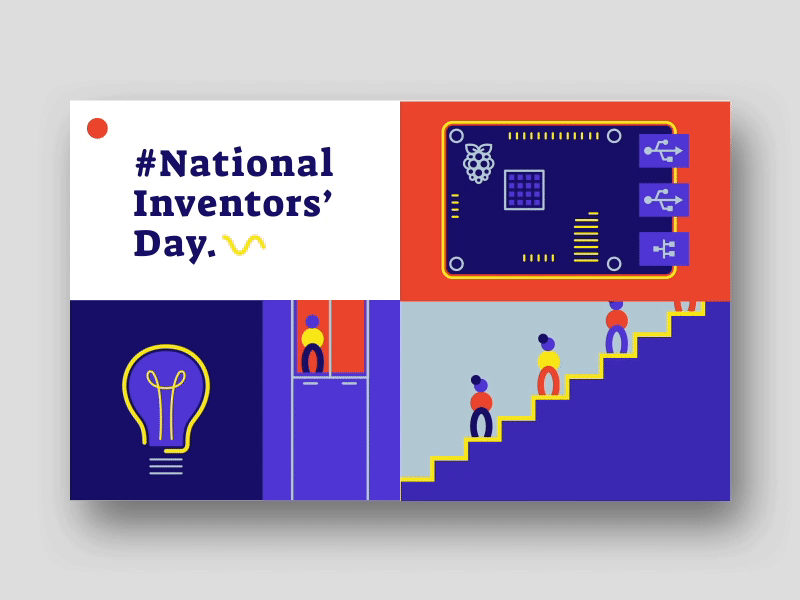 National Inventors Day 2019 after affects animation circuit board colour elevator escalator illustration inventions inventor lift lightbulb motion navy purple raspberry pi red tech technology ui uidesign
