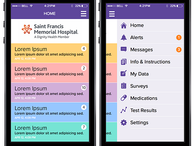Health App - Home screen & side menu app health home ios iphone mobile side menu ui