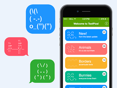 TextPics app app ascii colorful design emoji flat ios iphone messaging mobile texting