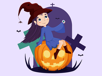 Halloween witch cemetery fantasy halloween hat illustration mystic pumpkin purple vector witch