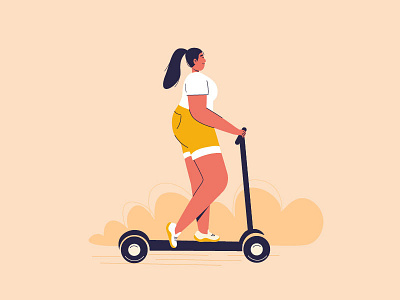 The girl is riding a scooter. Relaxing sports