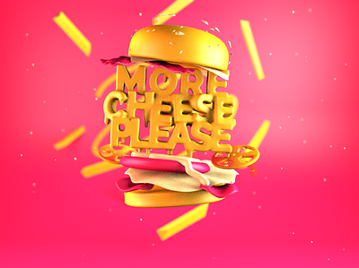 More cheese please 3d burguer cheese food fries graphic lettering neon pink pop poster yellow