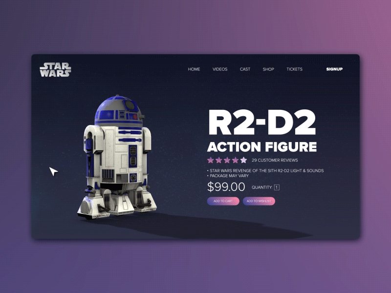 Star Wars Landing Page Concept 3d action figure adobe animation animation after effects blender3d blue concept dark illustrator interation landingpage lucas may the force be with you movie onlineshop r2 d2 robot starwars webdesign