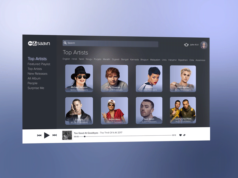 Saavn UI Concept aftereffects animation blue concept dark grey jiosaavn music app parallax saavn uidesign uimotion
