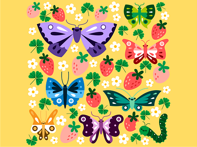 Strawberry Patch bug butterfly caterpillar colorful cute flower happy illustration spring springtime strawberry vector