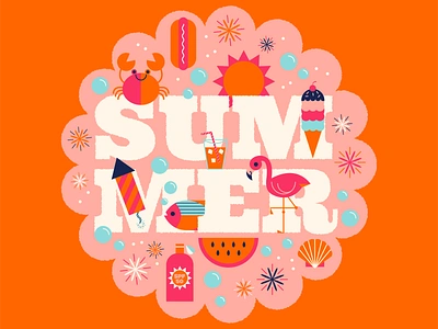 Happy Summer! beach cute fireworks flamingo fun hot ice cream illustration summer sun tropical type typography vector