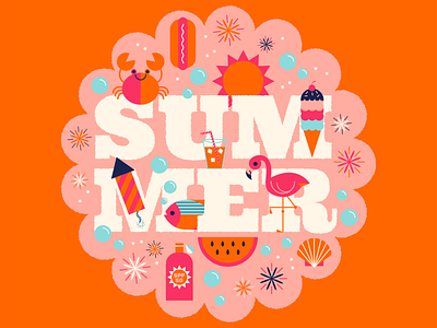 Happy Summer! beach cute fireworks flamingo fun hot ice cream illustration summer sun tropical type typography vector