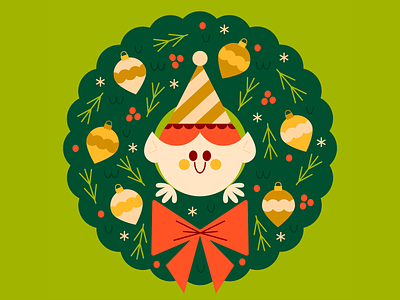 Elf Wreath character christmas cute design elf fun happy holiday illustration retro wreath