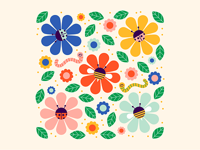 Springtime bee character colorful cute design flower fun happy illustration insect ladybug retro spring vector
