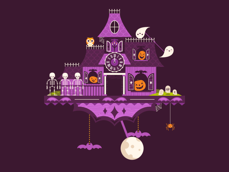 Halloween Cuckoo Clock animation clock cute fun ghosts halloween illustration pumpkin skeleton