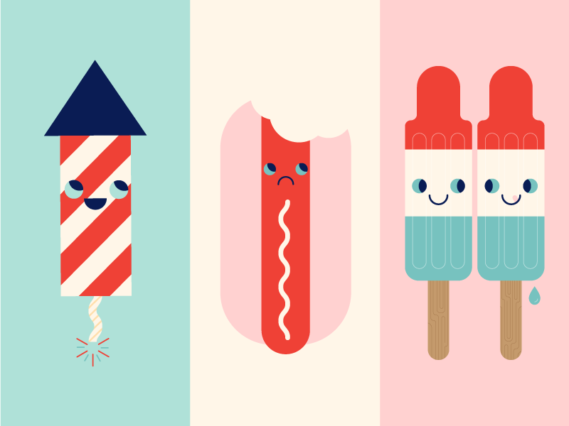 Fourth of July bomb pop sad happy illustration cute red white and blue america firework hot dog popsicle independence day 4th of july