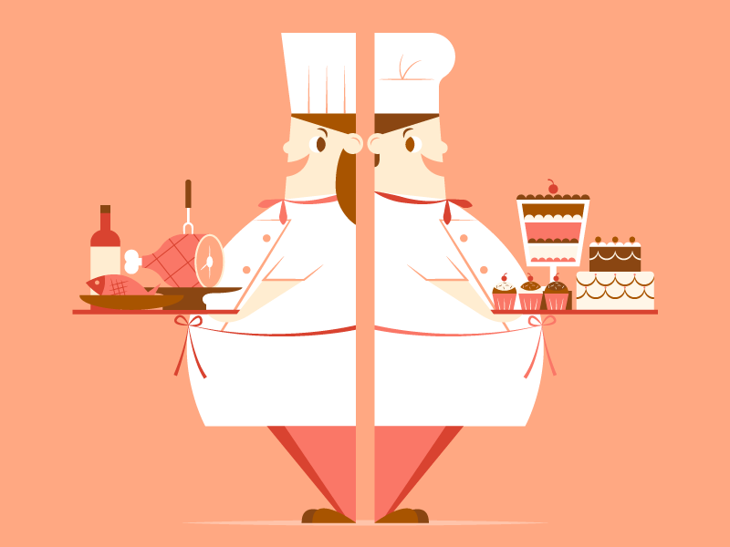 Sweet and Savory baker bakery cake character chef cook cupcake dessert dinner food ham illustration