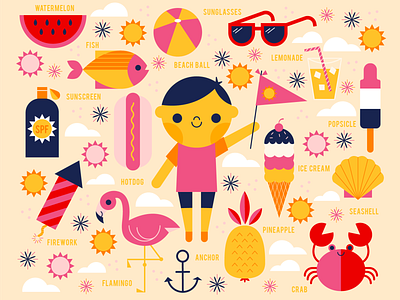 Summer beach character children colorful cute flamingo fun hot ice cream illustration kid sea season summer sun