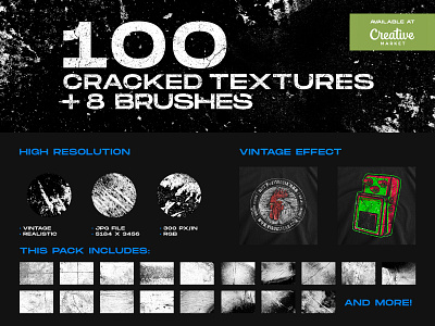 100 Cracked textures by Visual Fear abstract brushes bundle crack cracked creative market distressed download grit jpg overlay pack pack design psd design resources screen print texture brushes texture pack vintage vintage effect