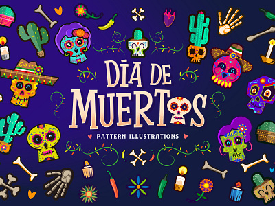 Day of The Dead - Pattern illustrations background design day of the dead fall flat design font halloween halloween clipart halloween skulls illustration logo logo design merch design pattern pattern bundle pattern design skull stickers sugar skull typography