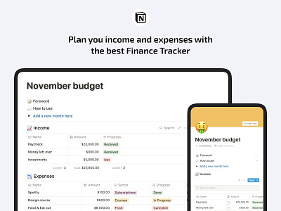 Notion Finance Tracker Template design desktop finances minimal mobile notion template typography ui ux