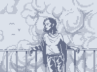 Pixel I art aseprite birds black and white chill clouds cool digital art dithering drawing girl grayscale illustrator mosaic painting pixel portait simple sketch