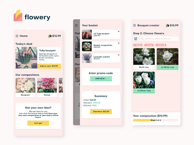 Flowery App app application bouquet delivery design flat florist floristry flower flowers gift interface logo mobile pink plants shop shopping ui warm