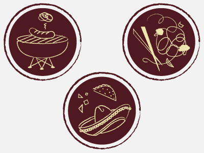 Grub badge chopsticks food grill icons sausage sombrero taco