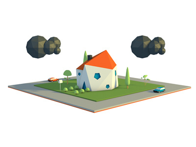 Geo House 3d car clouds geometric house low poly weather