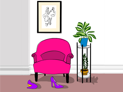 A pink parlor chair architecture art print digital illustration editorial editorial art editorial illustration home decor home illustration illustration illustration art interior art interior design interior designer interior illustration interiors line art pink plant illustration plants purple