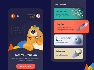 Test Your Vision With Doctor Ozzy app bear card dark ui design doctor eye test game game design gamify illustration optometrist relax stimulation ui uiux ux vector vision yin yang