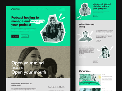 Podkasa - Podcast Hosting Landing Page audio conversation homepage hosting interview landing page listening live live streaming podcast podcasting podcasts sharing stories streaming ui uiux web design website