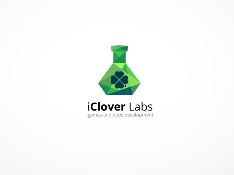 iClover labs logo logo clover labs flask shapes green hearts crystal triangles mosaic