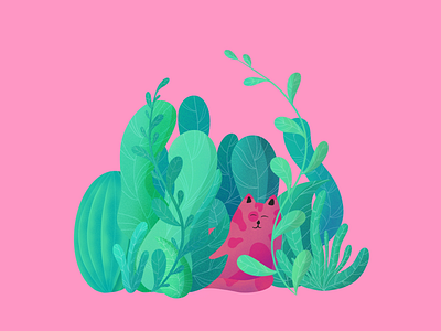 Sleeping with the bushes bush cactus cat green jungle leaves pink plants sleeping