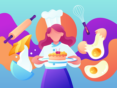 Behind A Slice Of Cake bakery cake chef cook egg exploration flat hero image illustration landing page concept