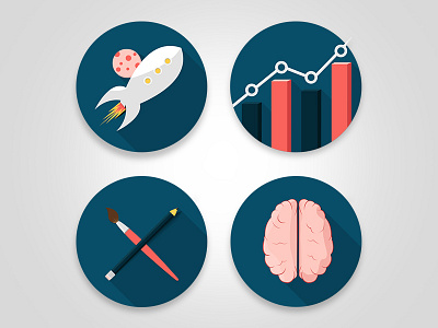 Icons for The Viral Company blue brain brush chart flat icon moon pen red ship space tvc
